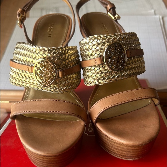Coach Shoes - Coach Tan and Gold Wedge Sandals with Metallic Accents